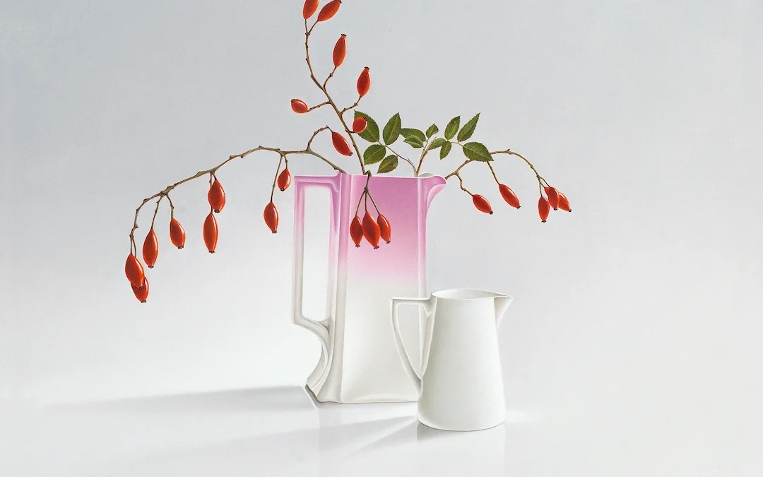 Rozenbottels in roze kan
